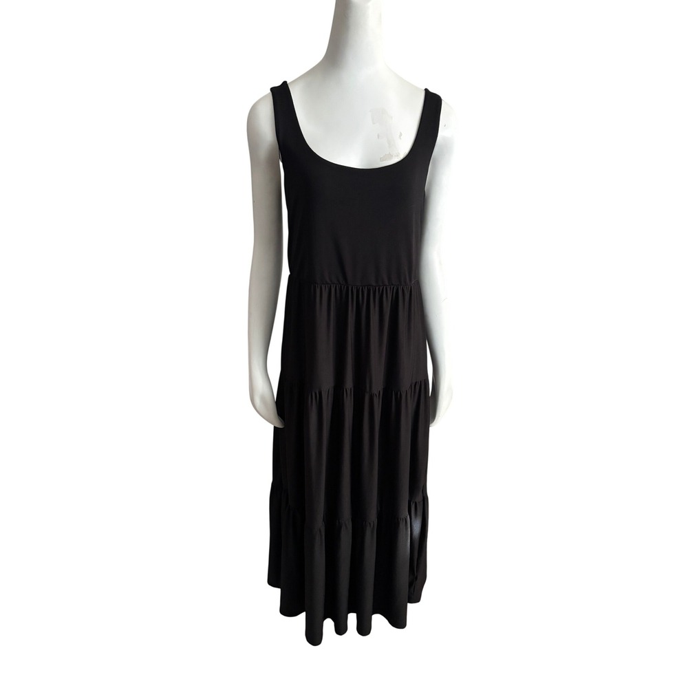 Costa Blanca Women XL Black Tiered Midi Dress Sleeveless Smocked Back Scoop Neck